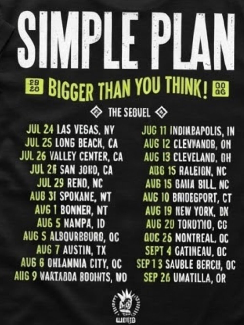 Simple Plan Bigger Than You Think Tour 2026 The Sequel Double Sided Graphic Tee - Picture 3 of 3